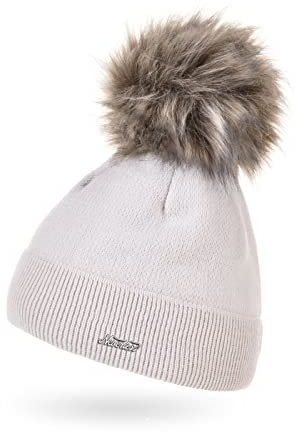 Neverless® Damen Mütze gefüttert Fell-Bommel Kunstfell Wollmütze Wintermütze Bommelmütze Feinstrick Hellbeige Unisize