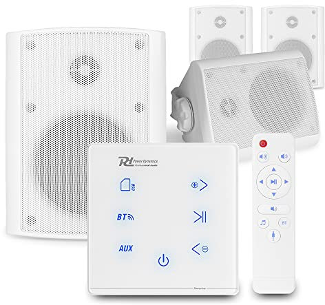 Power Dynamics A100W Wall Speaker System with Amplifier, Touchscreen Controls, Bluetooth Audio, Weatherproof On-Wall Speakers for Home & Outdoor Use - Includes 4x BGO40 in White Finish