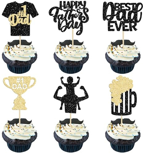 24Pcs Happy Father's Day Cupcake Toppers with Beer Black Glitter Shirt No 1 Dad Best Dad Ever Cupcake Pick Decorations for Happy Father's Day Theme Party Cake Decorations Supplies