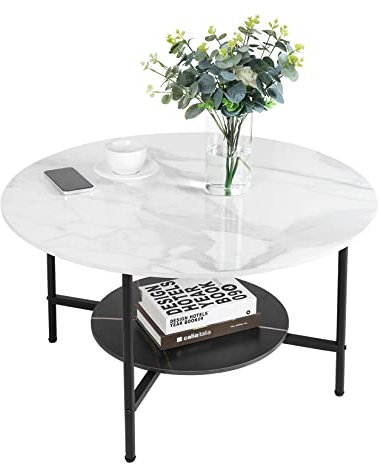 FATIVO Couchtisch Weiß Sofa Tisch Rund Wohnzimmer Marmor 80x80cm, Wohnzimmertisch mit Stauraum Modern Couchtisch Landhausstil Weiß ausgefallen Design Rundtisch 2-Ablagen, für Wohnzimmer 80×80×47.5cm