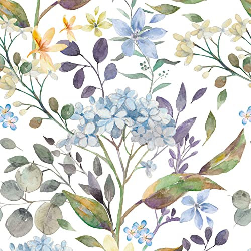 VEELIKE Tapete Blau Blumen Fototapete Vintage Blumentapete Weiß Klebefolie Muster Möbelfolie Selbstklebend Tapeten Wohnzimmer Deko Schlafzimmer Schrankaufkleber Küchentapete Abwaschbar 44.5cm×300cm