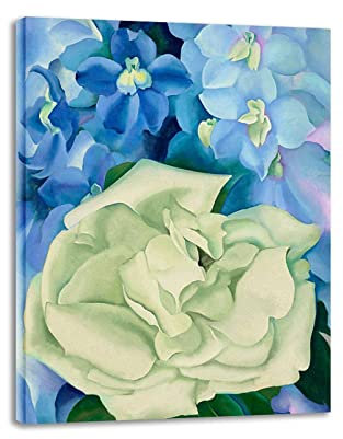 OZOOPY Georgia O'Keeffe Berühmte Leinwand Bilder auf Keilrahmen Weiße Rose mit Rittersporn Bild Druck auf Leinwand Reproduktion auf Leinwand Wohnzimmer Wandkunst Gemälde Wandbilder 30x40cm Gerahmt