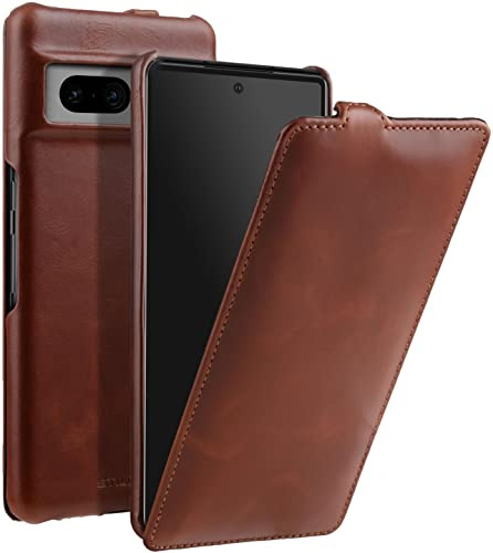 STILGUT UltraSlim kompatibel mit Google Pixel 7 Pro Hülle - Pixel 7 Pro Flip Case aus Leder, Klapphülle, Handyhülle, Lederhülle - Cognac
