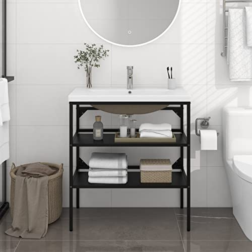 Telaio per Lavabo da Bagno con Lavabo Integrato, Struttura Moderna in Ferro Verniciato a Polvere Nero e Lavabo in Ceramica Bianca 81x39,5x18,5 cm, per Bagno e Toilette