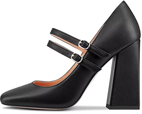 Saekcted Femmes Bloc Chunky Haut High Talon Heel Fermé Carré Bout Escarpins Mary Jane Boucle Party Dress Cute Chaussures 10 CM Heels