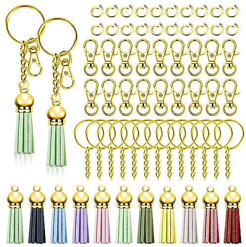 Swpeet Lot de 140 porte-clés en or, anneaux en vrac, 35 porte-clés tassles, 35 fermoirs homards