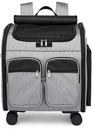 Haustiertrage-Rucksack, Haustier-Reisetrage, atmungsaktive Katzen- und Hundetasche, Transportwagen mit Rädern/faltbares Haustier mit großem Raumdesign und mehreren Taschen (Farbe: Blau) (Grau