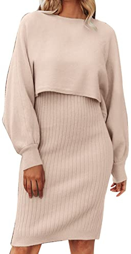 Fulidngzg Strickkleid Damen Herbst Winter 2 Teiler Sweater Kleid Pullikleid Warm mit Pullover Winterkleider Schnitt Grobmaschig Zweiteiler Party Outfit Enges Herbstkleid