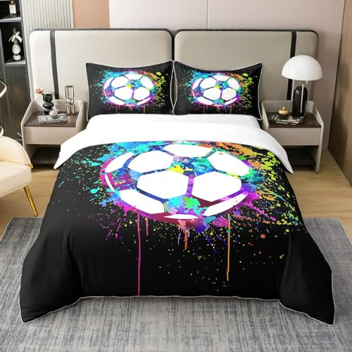 Modern Honeycomb Football 100% Nature Cotton Duvet Cover Full Size,Watercolor Colorful Soccer Pigment Tie Dye Bedding Set (Not Comforter),Rainbow Ball Sport Lover Comforter Cover Bedding 3 Piece