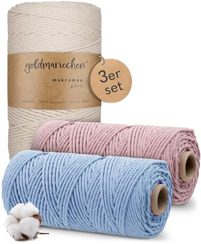goldmariechen - Makramee Garn 3er Set 3mm (Naturell 200m, Himmelblau 100m, Altrosa 100m) 100% Baumwollgarn für DIY Wandteppich, Pflanzenhänger, Pflanzenampel, Wandbehänge, Traumfänger, Tischläufer