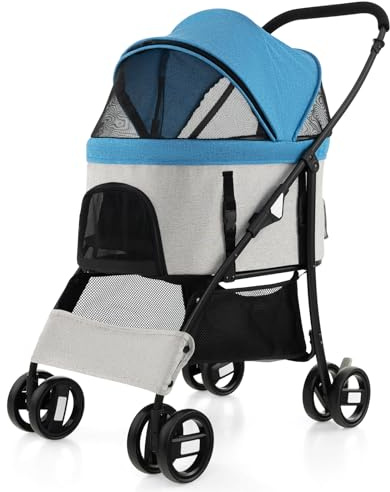 GYMAX Hundewagen 3 in 1, klappbar Hundebuggy mit abnehmbarem Träger & verstellbaren Verdeck, bis 15kg, Hundebox mit Netzfenstern, Haustierwagen für kleine/mittelgroße Hunde & Katzen(Blau)