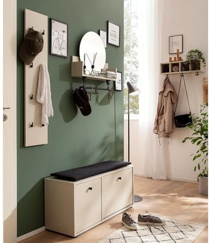 Lomadox Garderoben Set Flurgarderobe Creme beige Garderobenpaneel Regal mit Spiegel Wandregal mit Haken Schuhbank inkl. Sitzpolster