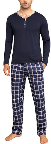 Irdcomps Schlafanzug Herren Lang Pyjama Baumwolle Zweiteilige Nachtwäsche Set Männer Winter Rundhals mit Brusttasche