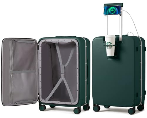 mixi Carry On Luggage with Cup Phone Holder and Charger Hard Shell Suitcases with Spinner Wheels,20 Inch Blackish Green