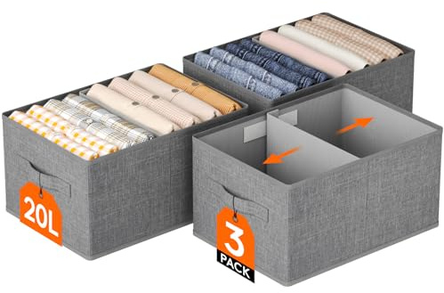 Lifewit Groß Aufbewahrungsboxen, Faltbarer Schrank Aufbewahrungskorb mit EntfernbareTrennwand, Stoff Kleiderschrank Organizer -Aufbewahrung Boxen für Kleidung, Hosen, Socken, 3er Set, 38 x 26 x 20 CM