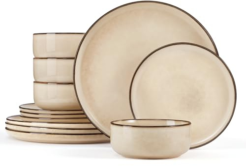 Homikit 12Pcs Dinner Set, Reactive Glaze Stoneware for 4, Desert Khaki | Round Shape Plates and Bowls Set for Kitchen Home Dinner Party, Non-Toxic & Scratch Resistant, Microwave and Dishwasher Safe