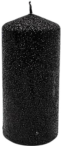 Dekohelden24 Hochwertige XL Glitterkerze als Stumpen - Stumpenkerze, Dekokerze, Tischkerze, Haushaltskerze in schwarz, Größe L/B/H: ca. 7 x 7 x 15 cm.
