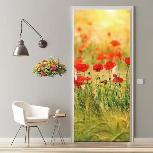 Türtapete Selbstklebend 90X200 cm Türaufkleber 3D Türfolie Selbstklebend Mohn Blume Klebefolie Tür Türposter Tür Folie PVC Wasserfest Wandbild für Schlafzimmer Wohnzimmer Tür Dekoration Tapete -MT241
