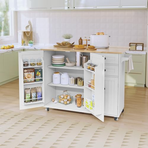 HOLTICO Kitchen Island on Wheels, White Rolling Kitchen Island BreakfastBar