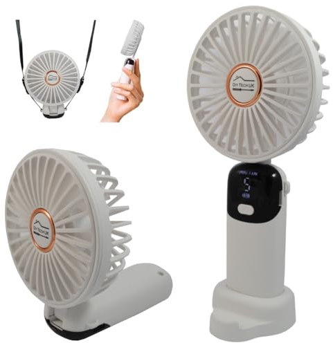 DIY TECH UK - CoolBlast Pro - 4 in 1 Handheld Rechargeable Fan - 5 Speed with LED Display - Hand Held Folding Portable Fan - USB Battery Powered Mini Foldable Desktop Desk Home Office Bedroom White