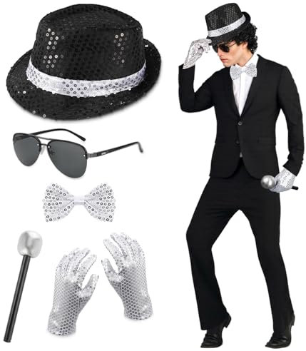 5 PCS Accessori Costume MJ per Adulti, Accessori Glitter - Cappello Paillettes Microfono Finto Occhiali da Sole Guanti Papillon Paillettes, Costume Disco Pop Star per Halloween Carnevale Cosplay