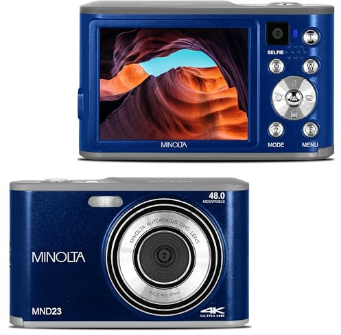 Minolta 48MP Digital Camera with Rear Selfie Lens – 4K Ultra HD Video, 2.8 LCD Screen, 16X Digital Zoom, Autofocus, Slow Motion, Time Lapse, Filters, Scene Modes, 32GB Card Included (Blue)