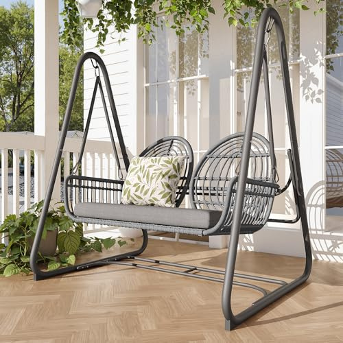 Gartenschaukel, Hollywoodschaukel mit Rückenlehne, Gartenmöbel-Set für den Außenbereich,Doppelschaukel aus PE-Rattan, 2 Sitze (Dunkelgrau)