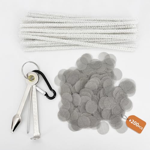 Pipe Colino Acciaio Inox Maglia Fine - 200 Filtri Pipa 15mm + 20 Scovolini Pipe Cleaner + 1 Strumento 3-in-1 Compatto per Bong e Tabacco per Narghile, Set Pulizia Portatile per Pulizia Uso Quotidiano