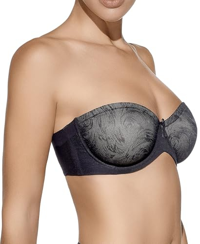 Selene, Sujetador Mujer de Banda Alta, con Aros y Copas Decoradas, Sin Tirantes y Sin Relleno, Colección Sandra, Color Negro, Talla 105 C