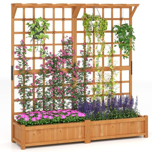 RELAX4LIFE Blumenkasten mit Rankgitter, Pflanzkasten mit Rankhilfe & Dachregal, Pflanzkübel aus Tannenholz, Hochbeet mit Spalier für Kletterpflanzen, Rankkasten mit Rankgitter 183 cm hoch, Orange