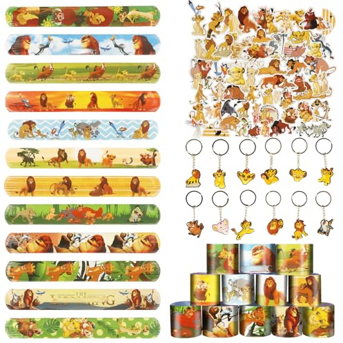 Ainvliya 74pcs Löwen Party Mitgebsel, 50pcs König Aufkleber, 12pcs Armband, 12 Schlüsselanhänger, Mitgebsel Kindergeburtstag für Kinder Jungen Mädchen
