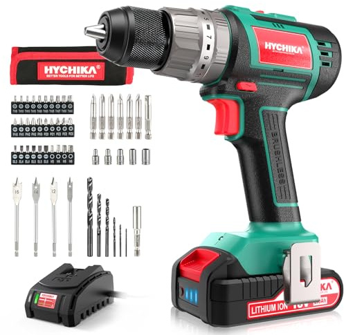 HYCHIKA Cordless Power Drill Set 18V, Electric Drill 60Nm Max with 21+3 Torque, 2.0Ah Brushless Motor, 53Pcs Combi Accessories for DIY Home Projects