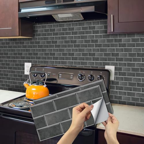 BUYBLIFE Grey Kitchen Tile Stickers, 12PCS Brick Bathroom Self Adhesive Peel and Stick Wall Stickers Vinyl Splashback Wall Stick on Tiles for Home Decor 15x30 cm