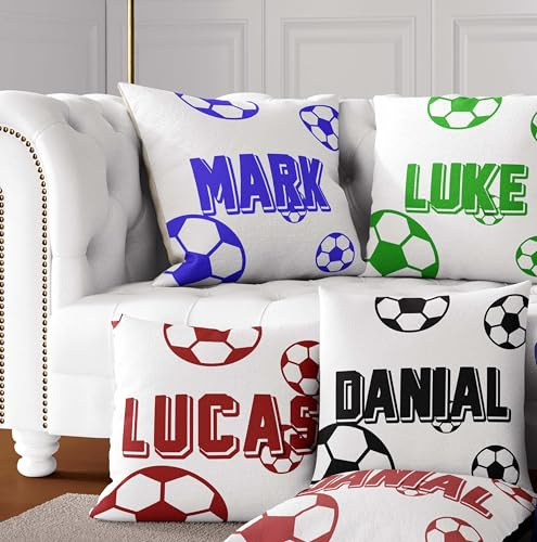 GIFTIMIZED Personalised Football Name Cushion with Custom Name, Colour, Size, Material – Soft Soccer Pillow for Kids Bedroom or Gift – Boys Football Fan Bedroom Decor