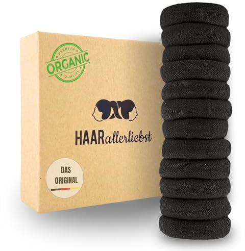 Hårallerkärlek hårsnodd för kvinnor set om 12 – hårsnoddar mjuka utan metall av ekologisk bomull och naturgummi – flätad gummi svart för starkt grepp – skonsam mot hår och miljö