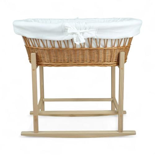 Wiklinopol Stubenwagen OLIWIA II – Baby Moseskorb mit Schaukelwiege aus Naturweide – Komplettset mit weißer Musselin Bettwäsche, Matratze & Bezug – atmungsaktiv, waschbar & hypoallergen