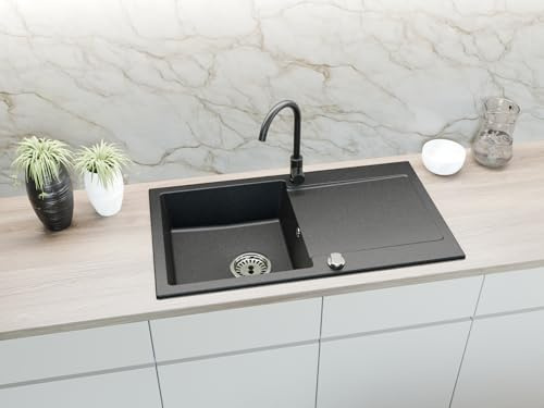 Faizee Home | Granitspüle 90x50 cm – Reversibles Spülbecken mit Abtropffläche inkl. Siphon & Drehexzenter | Kratzfest, hitzebeständig & für 45 cm Unterschränke (Genial, Schwarz Gesprenkelt)