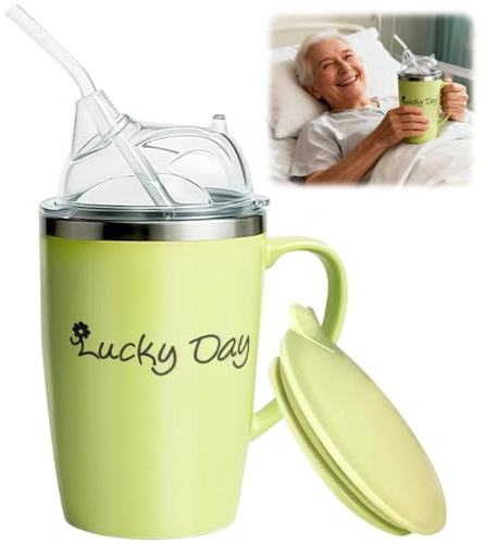 Adult Sippy Cup 350ml, 3-in-1 Beakers for Elderly with Lid And 30cm Straw, Non Spill Cups for Elderly, Anti Choke Safe Drinking Cup for Elderly Disabled Patient Maternity, Dysphagia Cups (Green)