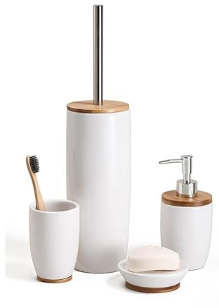 BM Set Accessori Bagno 4 Pezzi in Ceramica e Bambù – Dispenser Sapone, Portaspazzolino, Portasapone, Porta Scopino WC – Design Moderno ed Elegante per un Bagno Ordinato e Raffinato