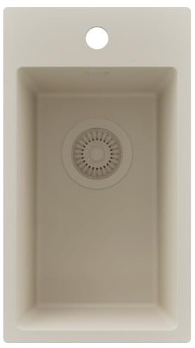 PRIMAGRAN Lavello da Cucina al Mobile 30cm + Kit di scarico, 28x50cm | Set: Kit di scarico (sifone, piletta, troppopieno) + Lavandino in Granito a 1 Vasca - Riga, Tutto Beige