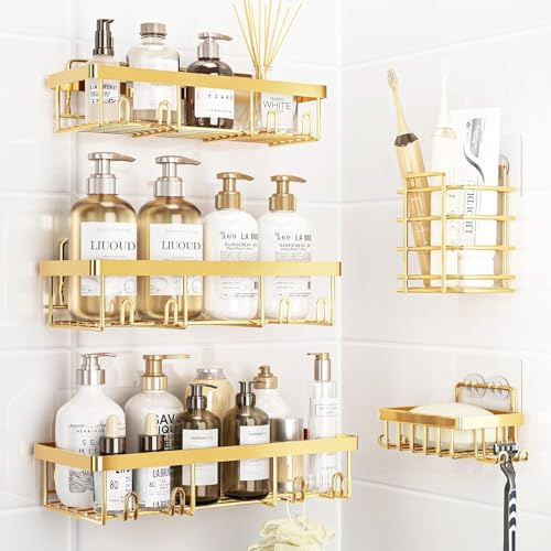 Duschablage Ohne Bohren, 5 StüCk Shampoo Halterung FüR Dusche Mit Haken, Wiederverwendbar Edelstahl Duschhalterung Geeignet FüR KüChe, Bad, Wohnzimmer (Gold)