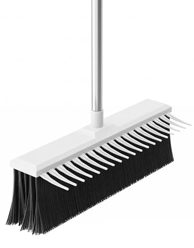 NiHome Outdoor Push Broom with Garden Rake, 2-in-1 16-Inch Dual-Sided Head for Lawn and Hard Surfaces, 63-Inch Adjustable Stainless Steel Handle, Heavy-Duty Yard Cleaning Tool