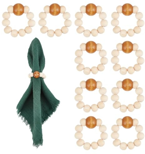 PH PandaHall 10 Stück Holz Perlen Serviettenringe 3cm Dia Runde Perle Serviettenhalter Braune Weiß Serviettenhalter Ring Elastisch Dehnbar Serviettenringe für Hochzeit Feiertag Party Tischdekoration