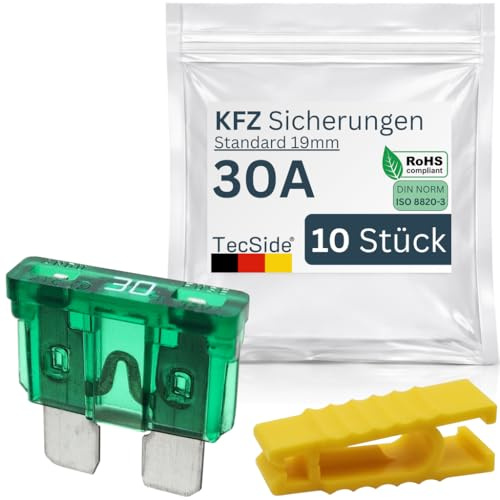 KFZ Sicherungen 30A | 10 Stück + Sicherungszieher | Stecksicherungen für 12V 24V 32V | 19mm Flachsicherungen nach DIN ISO 8820-3 | Für Boot, Motorrad, Wohnmobil & Roller - Autosicherungen | Grün