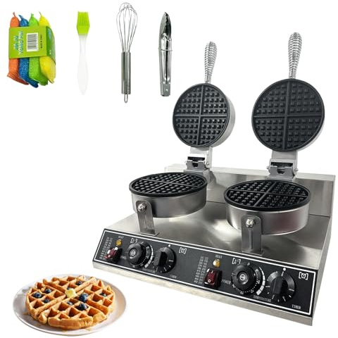 Double Head Commercial Waffle Maker, 2400W Stainless Steel Nonstick Waffle Iron with 122℉ to 572℉ Temp Range & Time Control, Perfect for Home Cafe Restaurant Snack Bar Bakeries