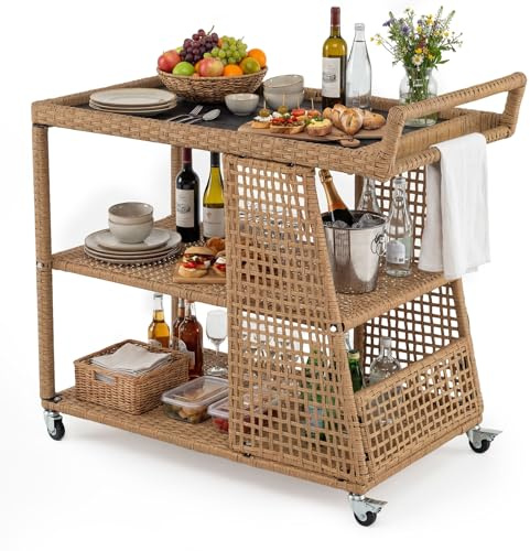 COSTWAY Servierwagen mit Rollen, Rattan Küchenwagen mit Arbeitsplatte & offenen Ablagen & seitlichem Griff, Outdoor Rollwagen für Küchen, Esszimmer & Garten, 98 x 54 x 92 cm, Natur