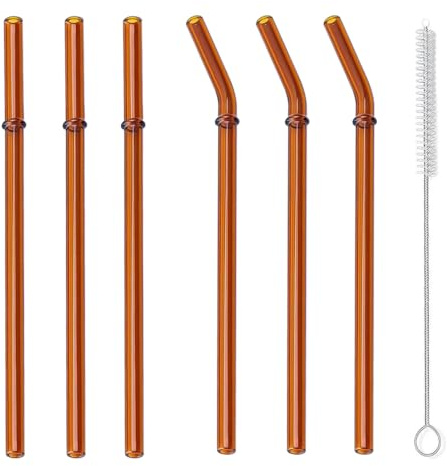 6-Pack Reusable Borosilicate Glass Straws with Cleaning Brush – Heat-Resistant, Eco-Friendly, Perfect for Hot & Cold Drinks, Home, Café, and Party Use（Amber）
