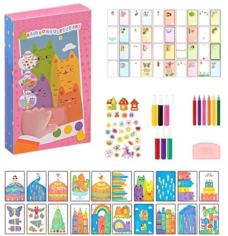 Miepkvl Rainbow Squeeze Art Kit, Kreative Regenbogen Kratzbilder DIY Rainbow Scratch Art mit 20 Beidseitigen Postkarten,Regenbogen Kratzbilder Squeegee Malsets Kratzkunst für Partys & Schulprojekte