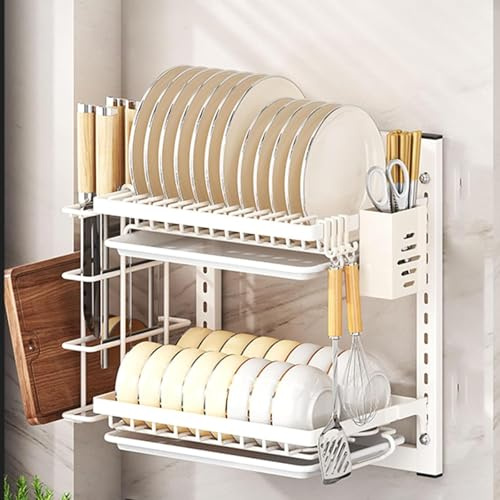 Generico Scolapiatti da Cucina A Parete,Vassoio Antigoccia Rimovibile in Acciaio Inox, Pieghevole con Portabicchieri E Ripiani(Size:2 Tier 42cm,Color:Bianco)