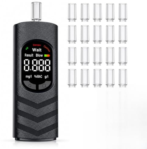 Alkoholtester mit 20 Mundstücken – Promillemessgerät Atemalkoholtester mit LCD-Display, Alkoholmessgerät mit USB-C Akku, Alkomat tragbar für Auto, Zuhause & Party – Alkoholtest mit Halbleiter-Sensor